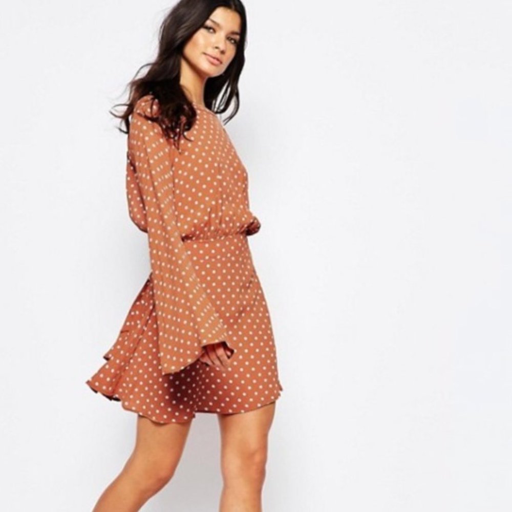 Flynn Skye Golden Polka Dot Open Back Bell Sleeve Tie Back Mini Dress